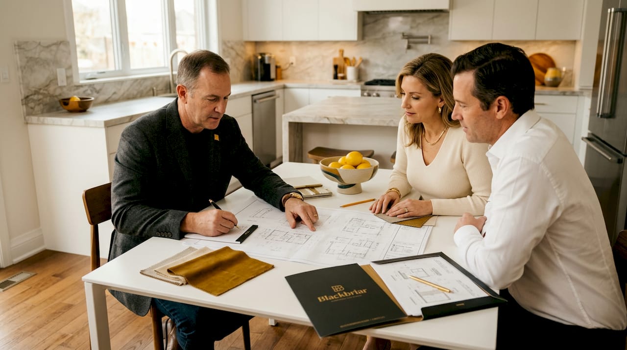 Homeowners and builder review blueprints together