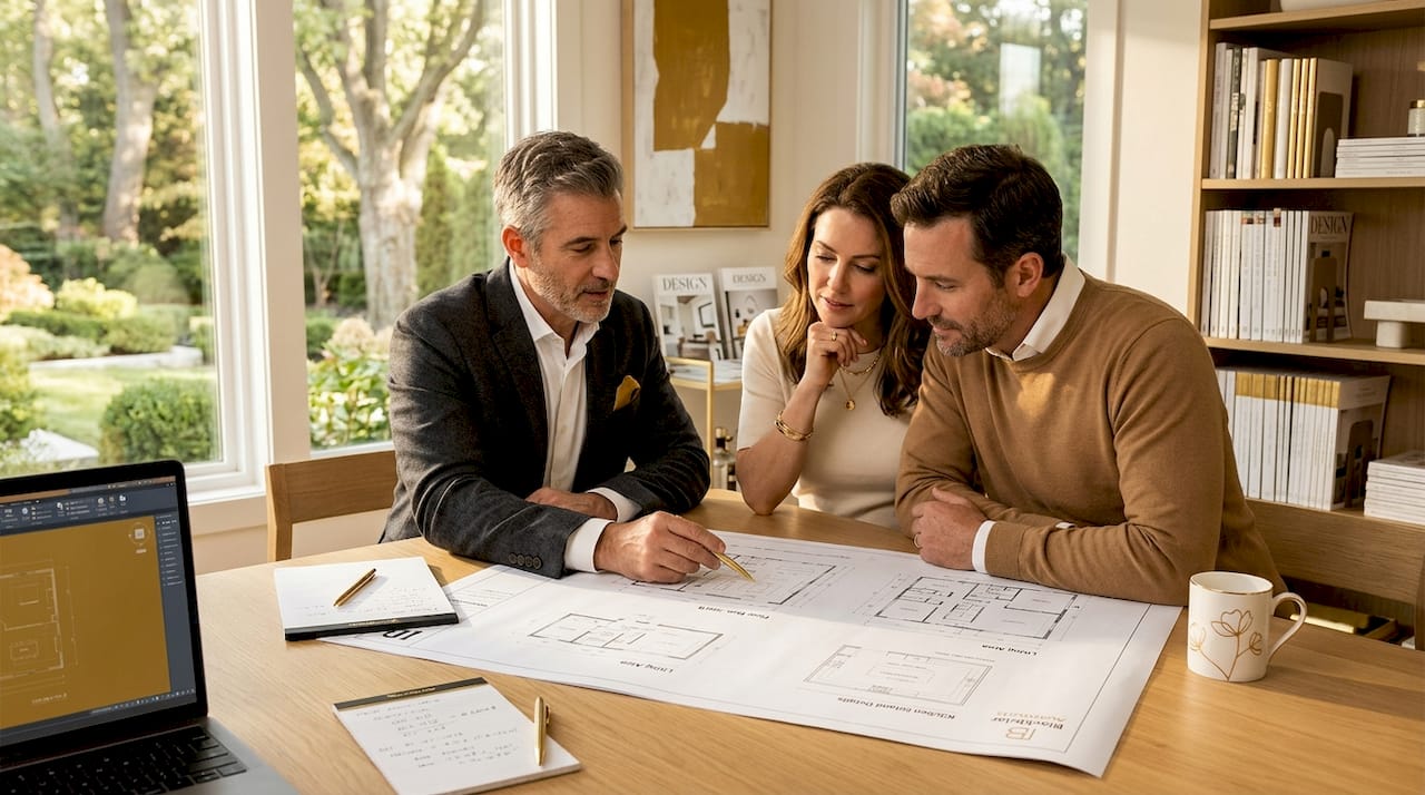 Homeowners and architect reviewing blueprints in living room