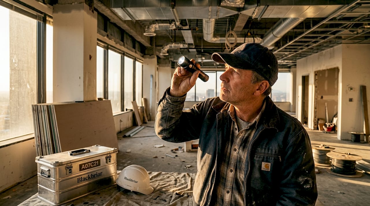 Foreman inspecting raw commercial shell construction