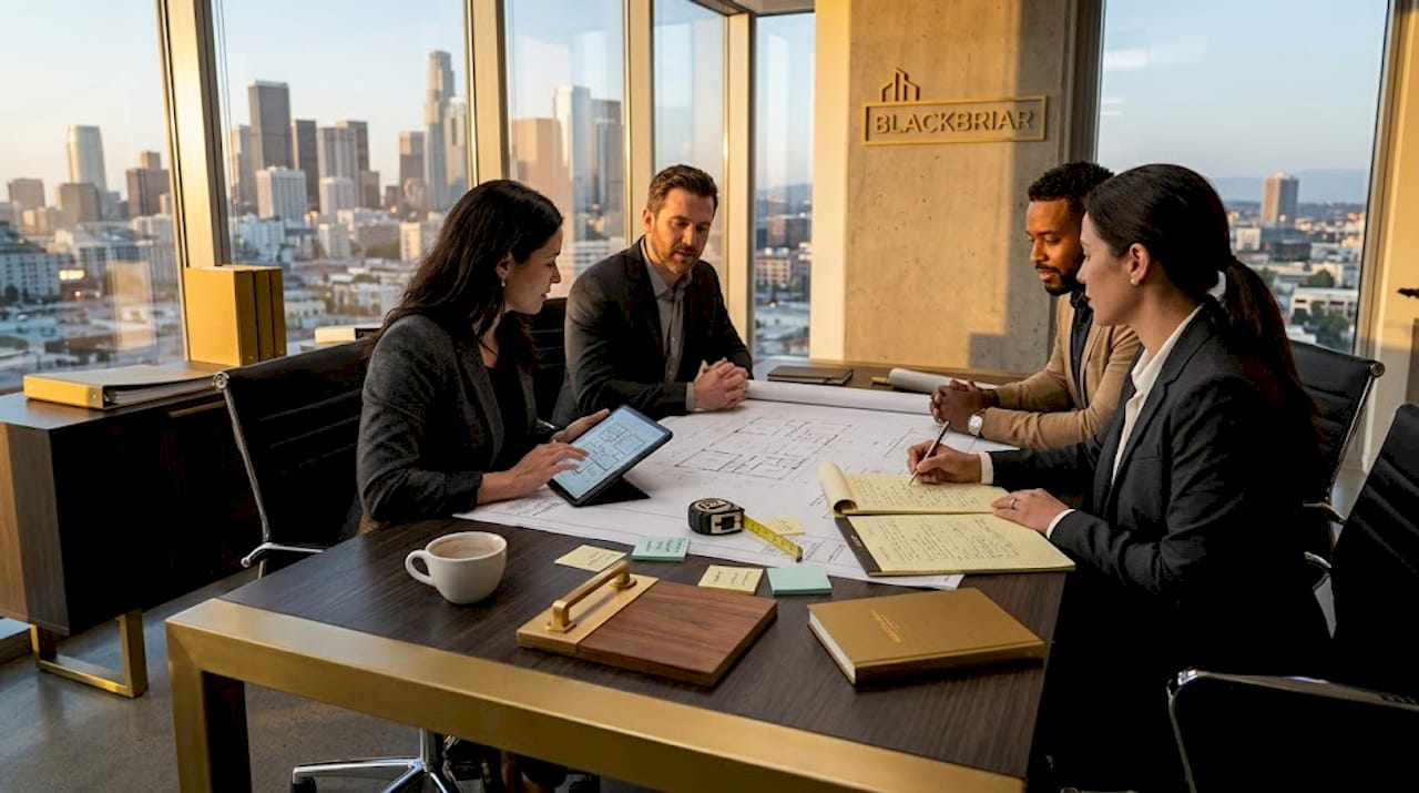 Team reviewing build-out plans in LA office