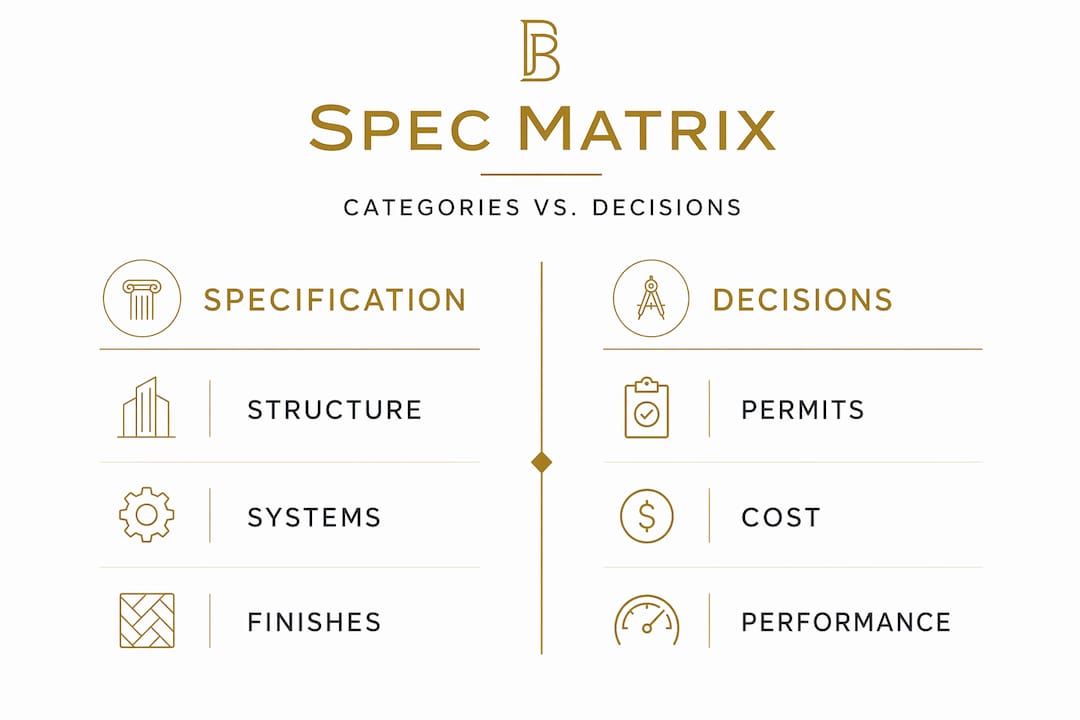 Infographic showing specification categories and decisions