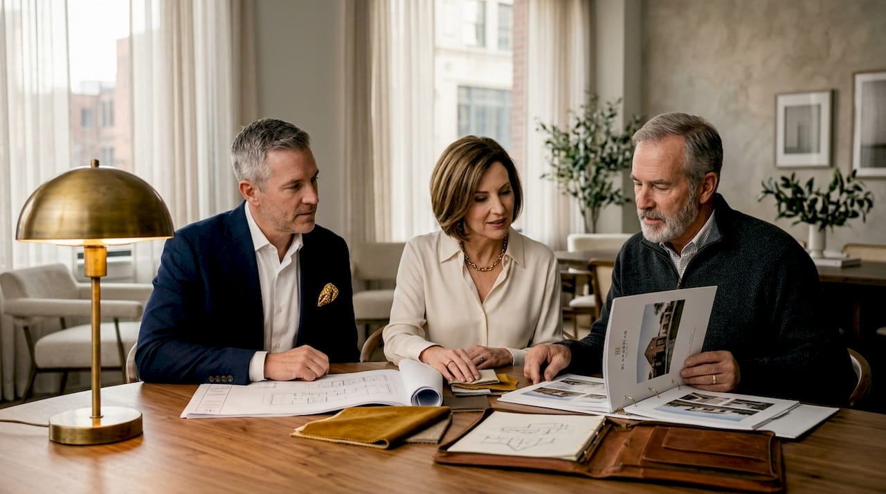 Clients reviewing plans with luxury home builder