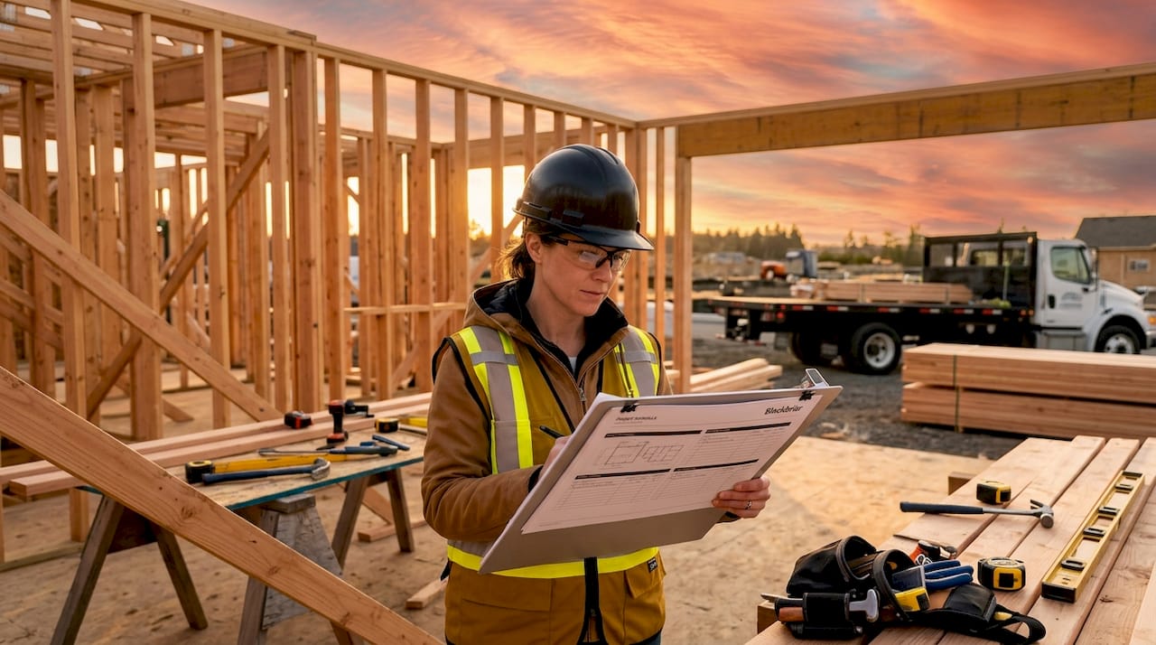 Project manager reviewing schedule at custom home construction site