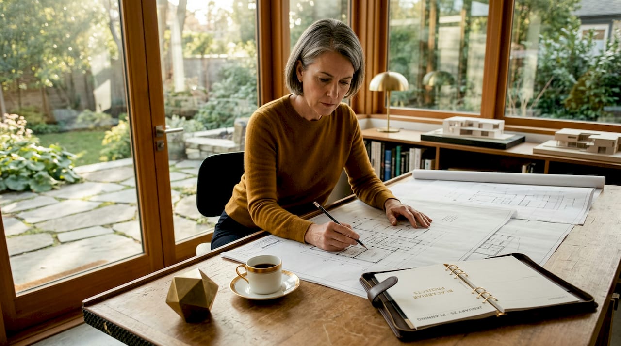 Architect reviewing custom home blueprints in office