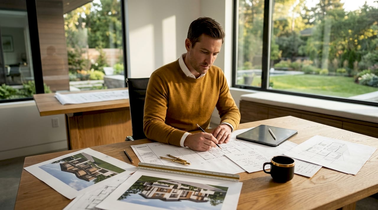 Architect studying luxury custom home blueprints
