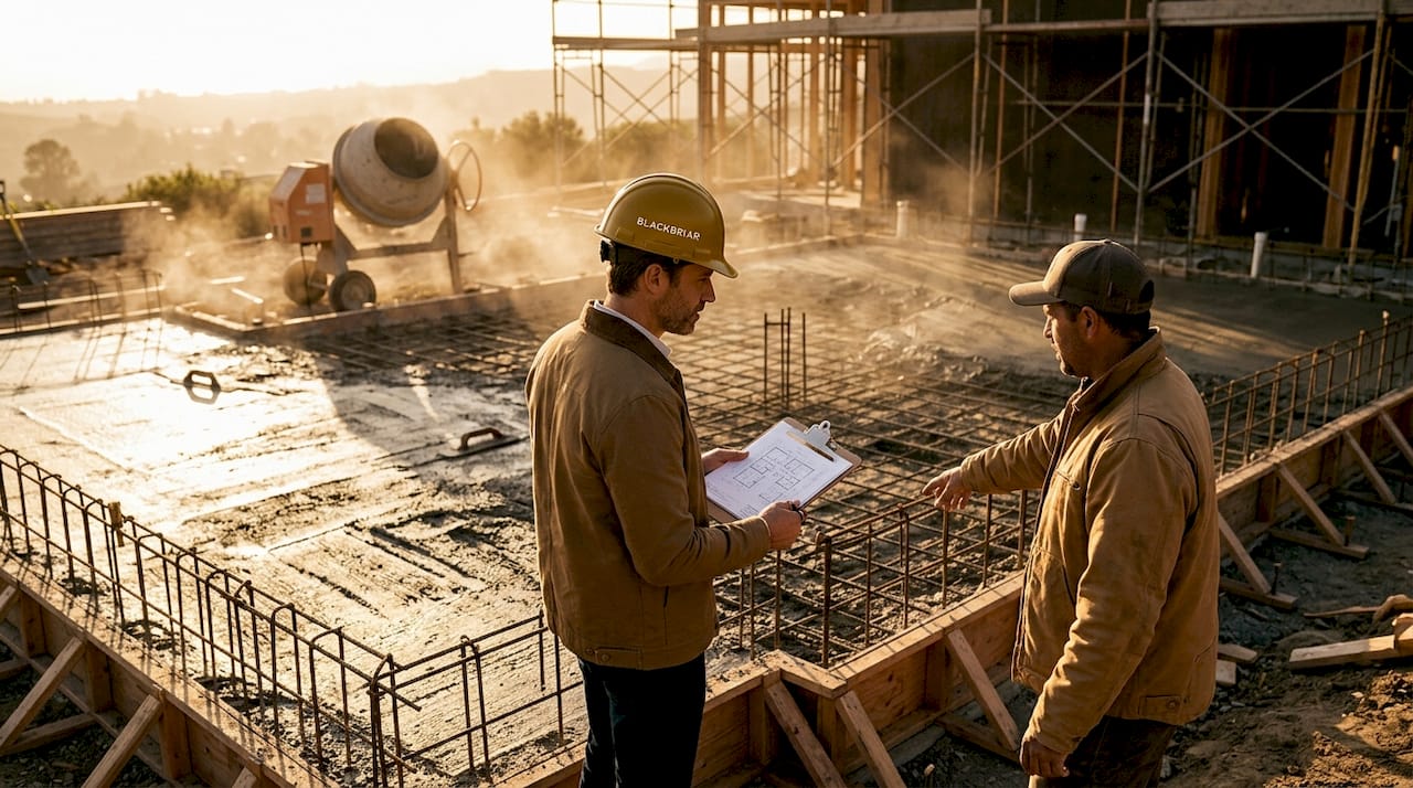 Manager inspecting luxury home foundation work