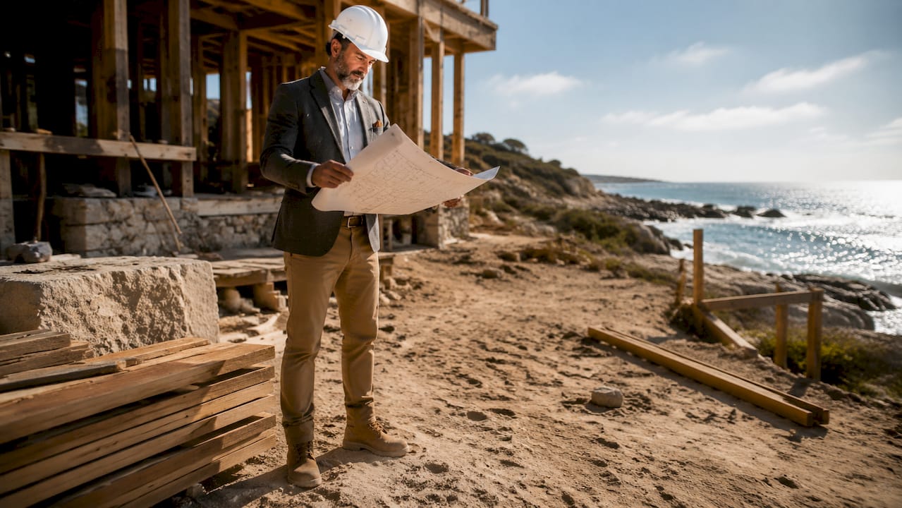 Luxury home builder reviewing blueprints onsite