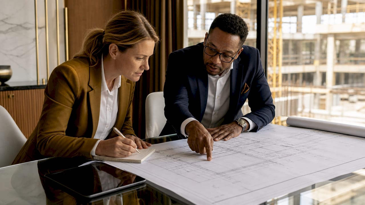 Architect and contractor reviewing luxury home plans