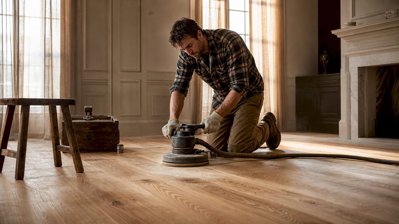 Craftsman sanding white oak floor in luxury home