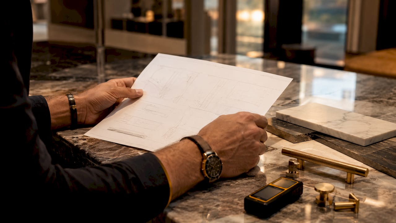 Builder reviewing luxury material specifications