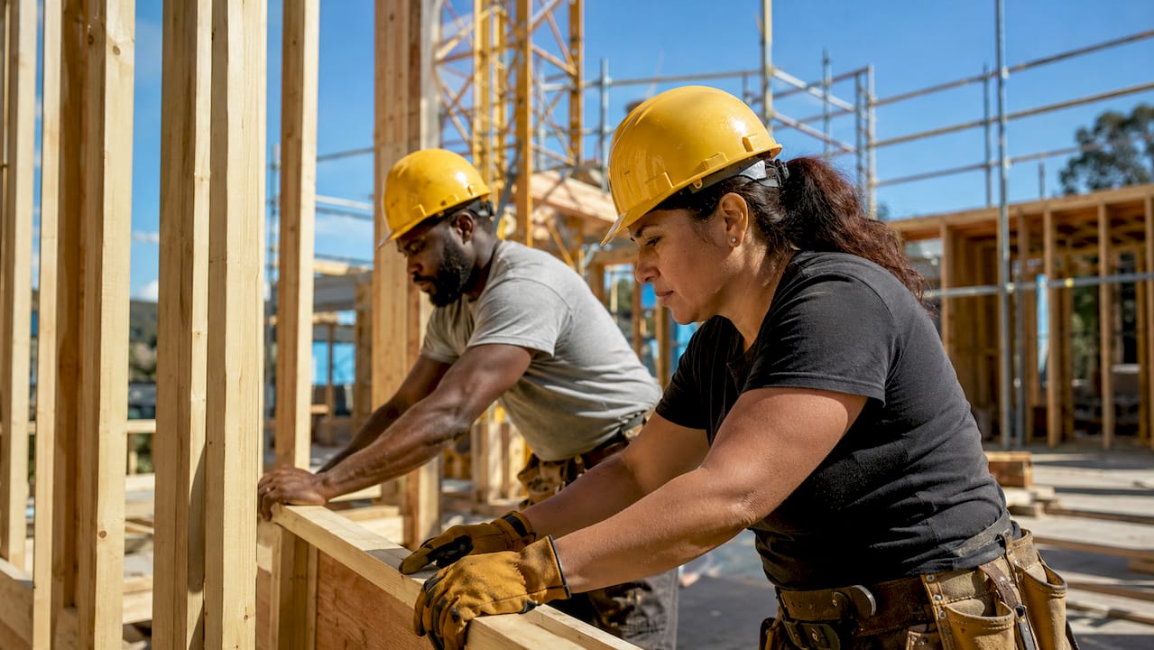 Construction workers framing custom home exterior