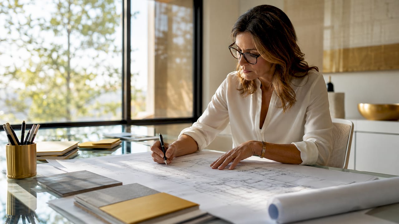 Project manager reviewing custom home blueprints
