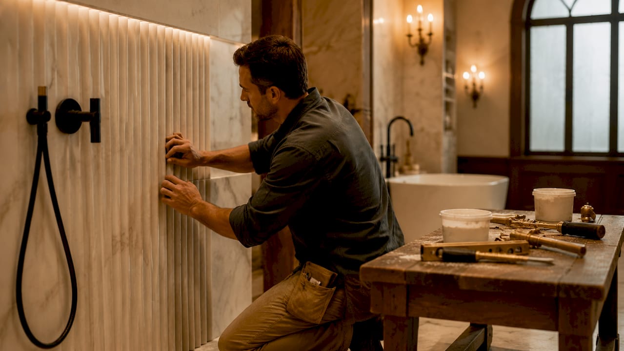 Craftsman installing marble panels in luxury bathroom