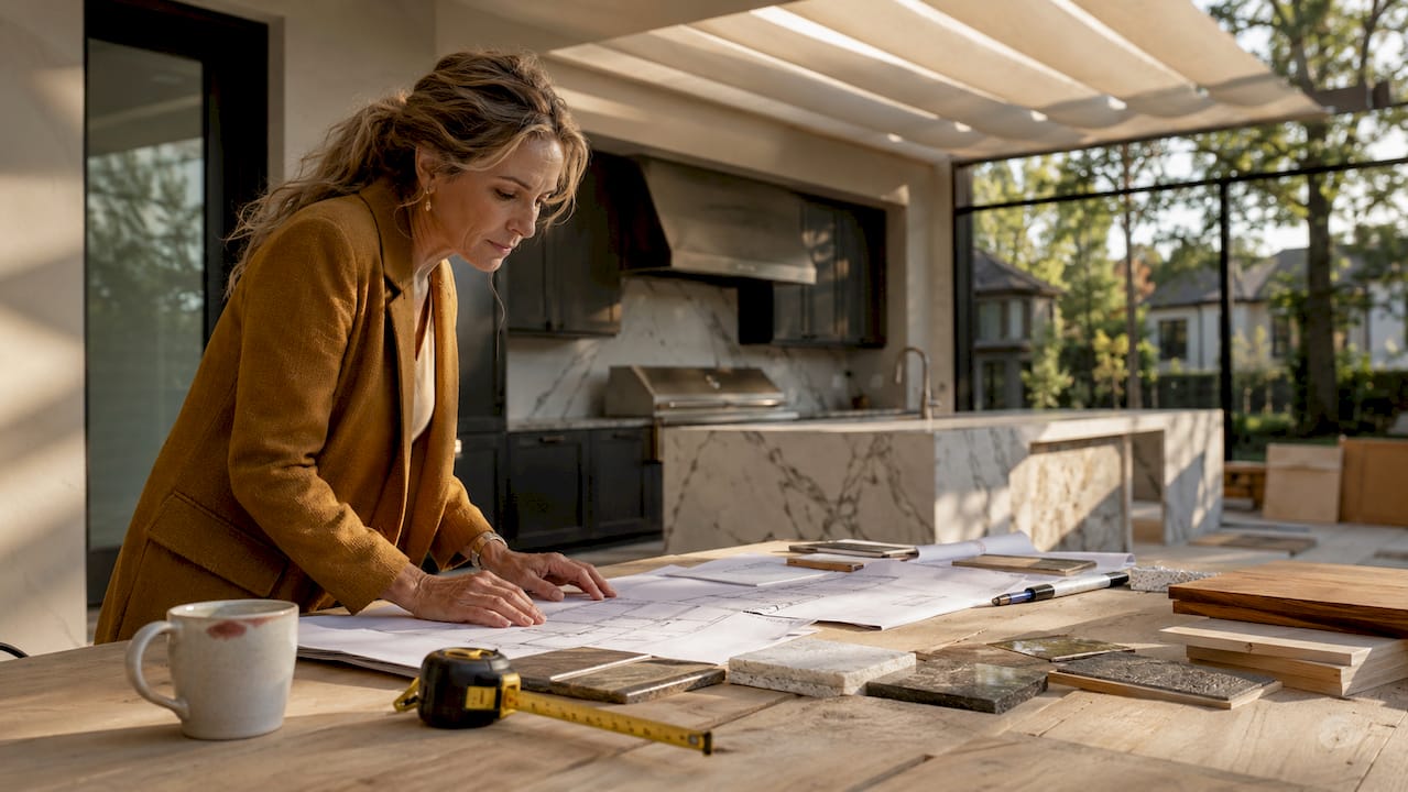 Interior designer reviewing luxury kitchen renovation plans