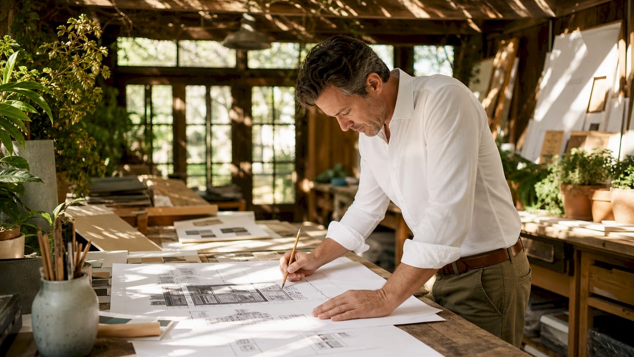 Architect reviewing custom home blueprint at desk