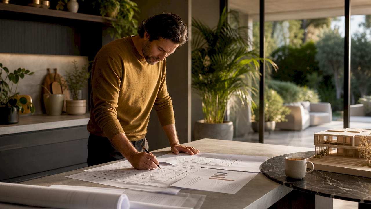 Architect reviewing luxury completion budgets at desk