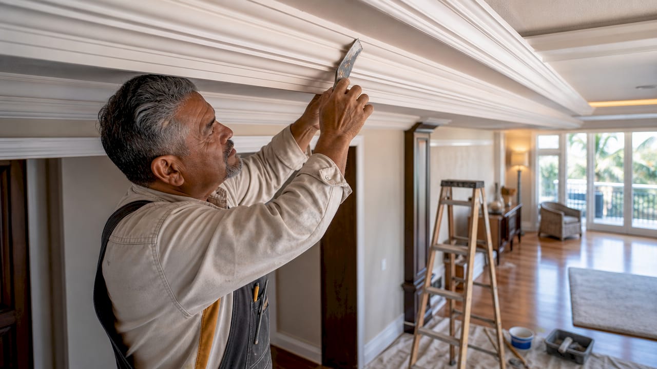 Craftsman installing decorative ceiling molding