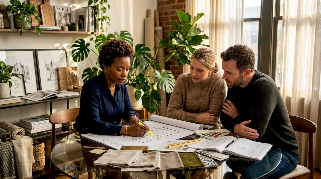 Architect and homeowners reviewing luxury home plans