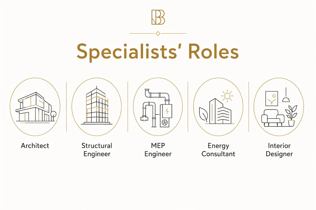 Infographic illustrating roles of different specialists in luxury home builds