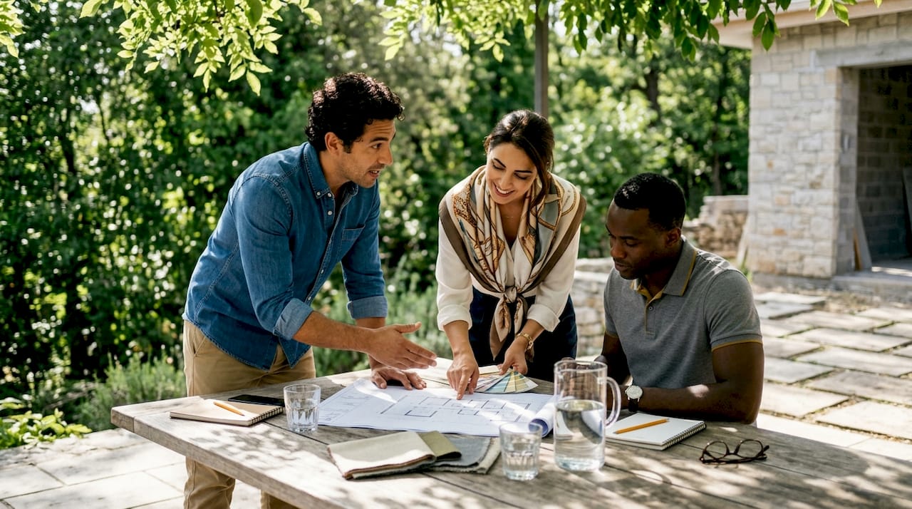 Team of specialists reviewing luxury home construction plans