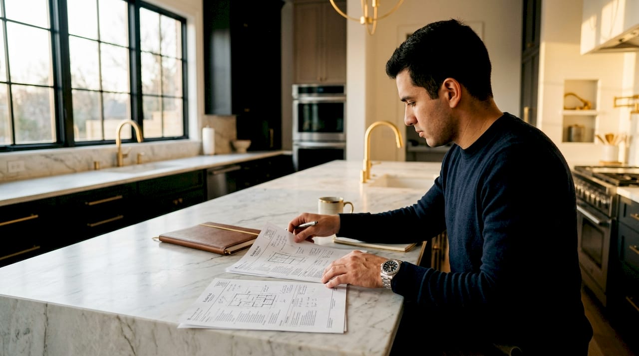 Hands comparing builder bids at desk
